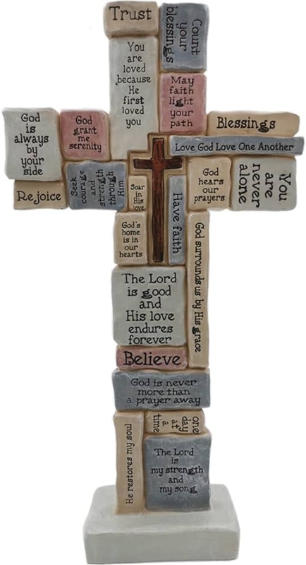 Cross Sculpture, Crossword Layout, Wood Toned Religious Table Decor.