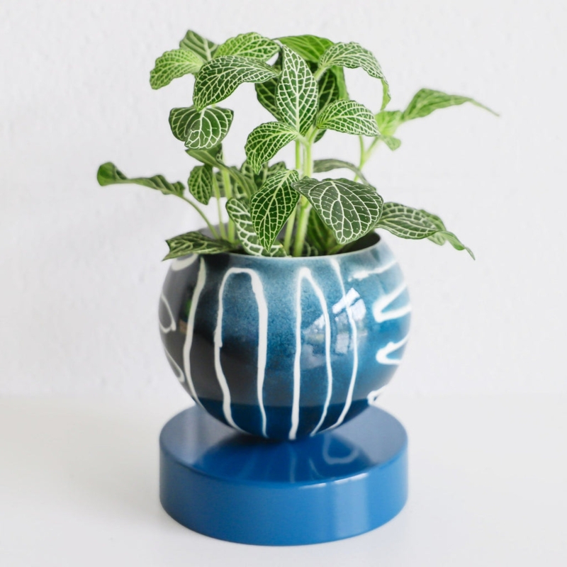 Cylindrical Ceramic Planter with Bohemian Batik Botanical Print and Flat Base