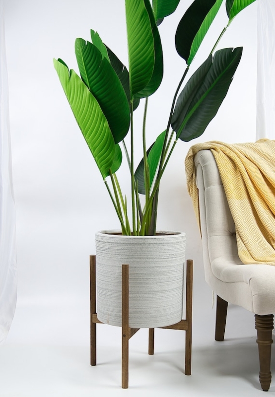 Cylindrical Floor Planter with Slate Gray Finish and Wood Legs