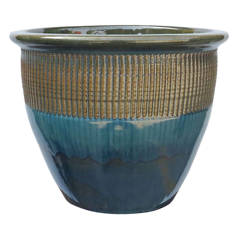 Cylindrical Outdoor Planter, Vibrant Glossy Glazed Vertical Zip Texture