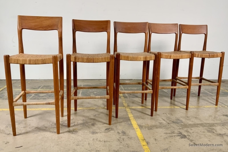 Danish Modern Teak Bar Stool with Woven Cord Seat