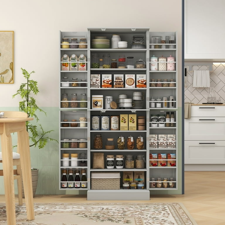 Dark Gray Pantry Cabinet with X-Frame Glass Doors and Open Cubby