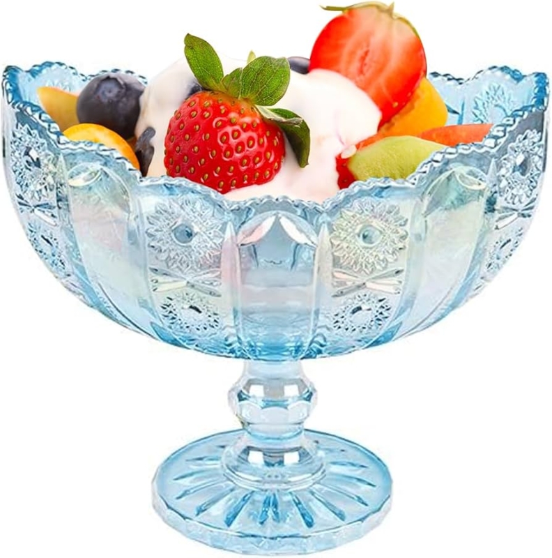 Decorative Bowl Boat Shaped Blue Glass Embossed Pedestal Base