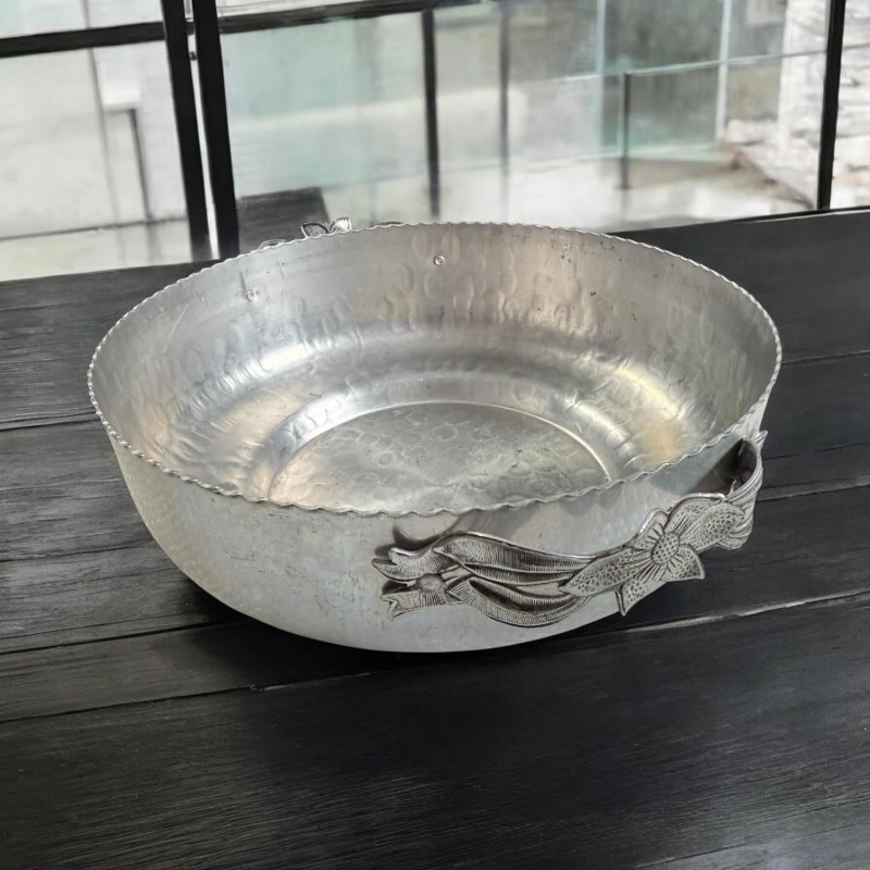 Decorative Bowl Floral Handles Hammered Aluminum Scalloped Rim