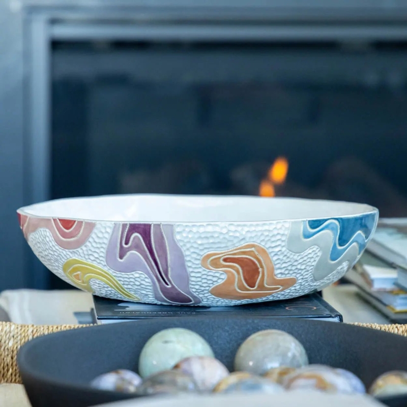 Decorative Bowl, Hand Painted Interior Stoneware, Colorful Ceramic