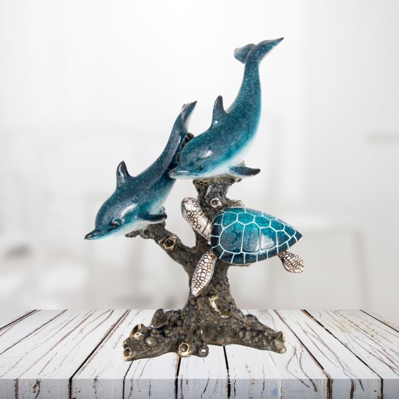 Decorative Figurine Colorful Coral Reef Accent Dolphin And Sea Turtle