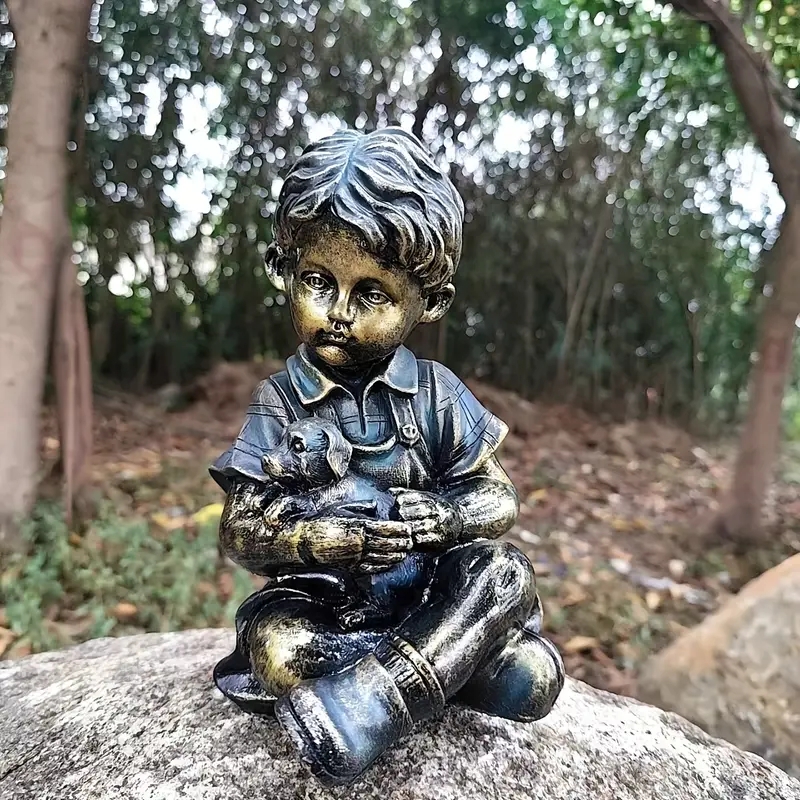 Decorative Figurine Set Distressed Stone Finish Child And Pet Theme Resin
