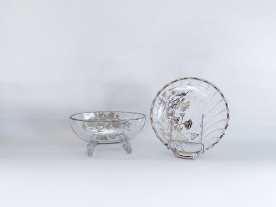 Decorative Glass Bowl, Vintage Style with Ornate Silver Floral Rim