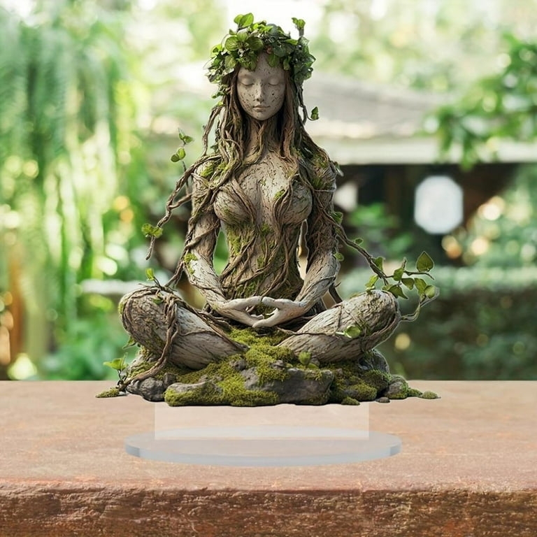 Decorative Plaque 2D Flat Acrylic Goddess Motif Wooden Base Boho Chic