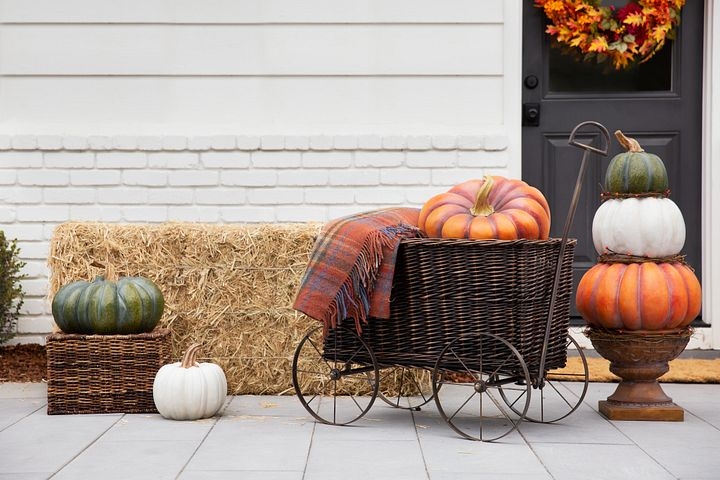 Decorative Pumpkin Heirloom Style Muted Palette Stacked Porch Display