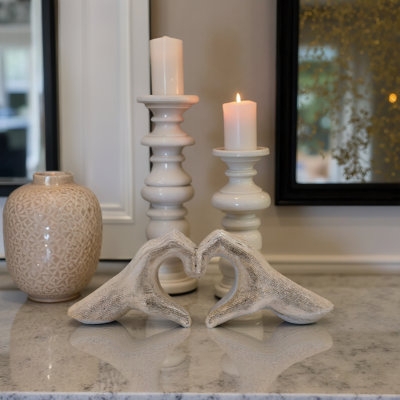 Decorative Sculpture Matte White Hand Motif Heart Shape Silhouette