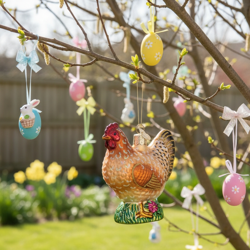 Decorative Tree with White Branches, Pastel Speckled Eggs, Bucket Planter