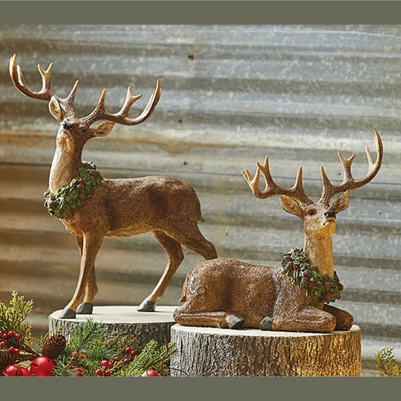 Deer Sculptures Set Chiseled Texture Multi Pose Wood Like Finish Festive Decor