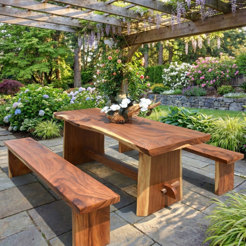 Dining Set Live Edge Wood Thick Slab Top U Shaped Legs Organic Modern