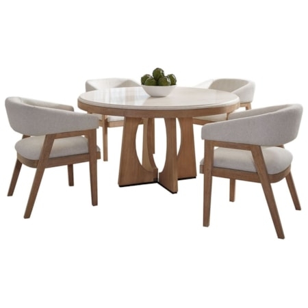Dining Set Round Wood Table Tapered Leg Base Fabric Upholstered Chairs