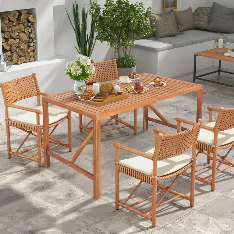 Dining Table Acacia Wood Slatted Umbrella Hole Cross Brace