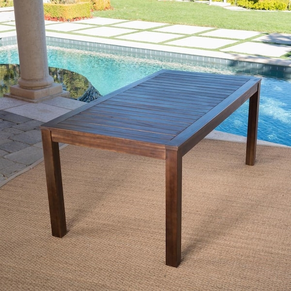 Dining Table Dark Brown Wood Slatted Top Block Legs Rustic Patio