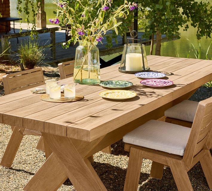 Dining Table Dark Wood Plank Top Woven Chairs Patio Entertaining