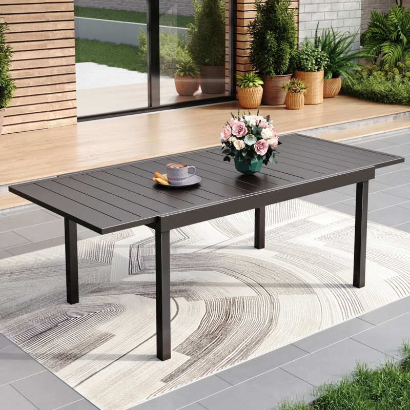 Dining Table Expandable Slatted Metal Top Modern Garden