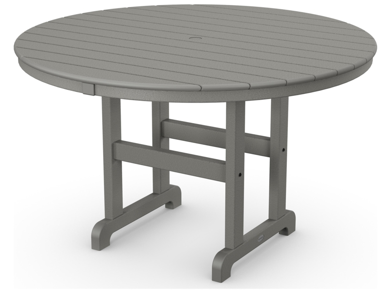 Dining Table Grey Recycled Plastic Trestle Base Slatted Top Umbrella Hole