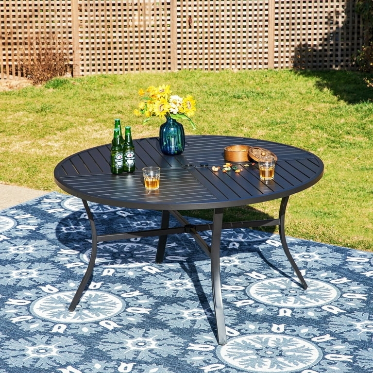Dining Table Matte Black Metal Slat Top Umbrella Hole Industrial Style
