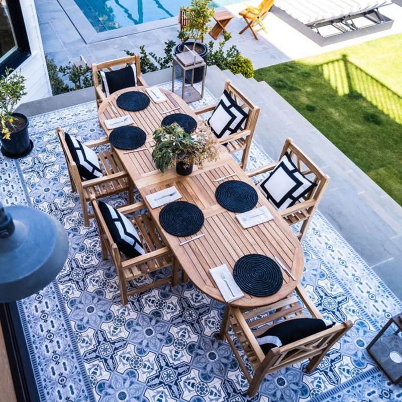 Dining Table Natural Teak Slatted Top Umbrella Hole Block Legs