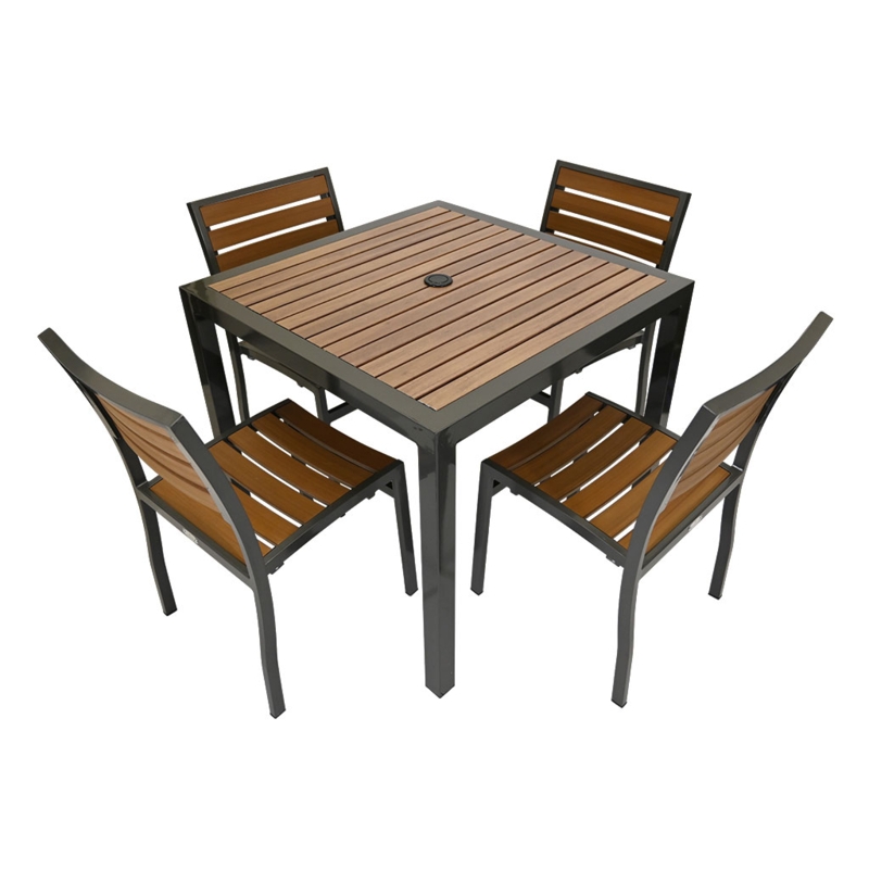 Dining Table Pedestal Base Dark Wood Slats Black Metal Umbrella Hole