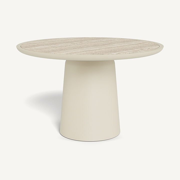 Dining Table Round Stone-Like Top Ribbed Pedestal Base