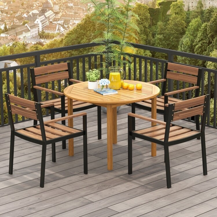 Dining Table Round Wood-Toned Radial Slat Top with Support Ring Base