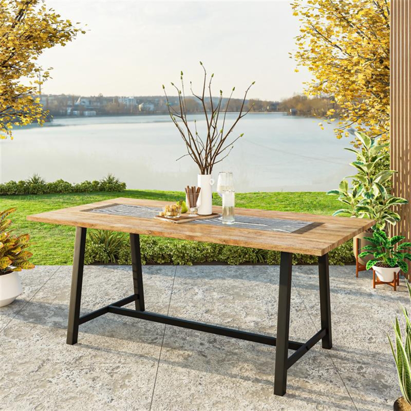 Dining Table: Rustic Farmhouse Wood Slat Top with Chunky Block Legs