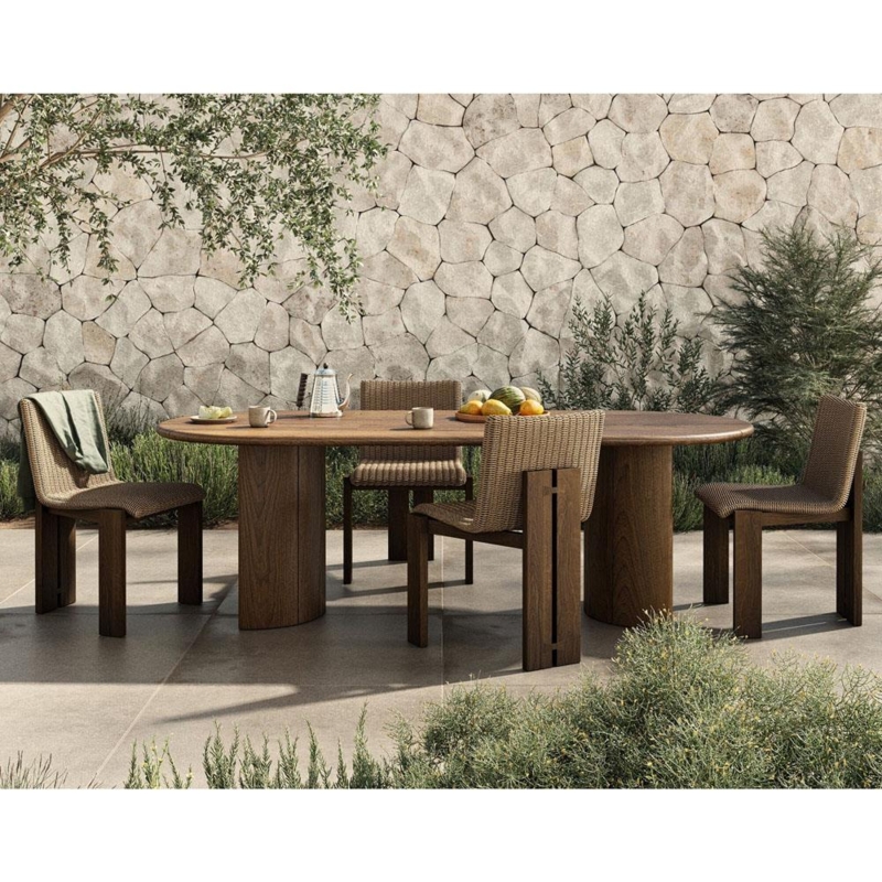 Dining Table Rustic Oval Slatted Top Teak Look Pedestal
