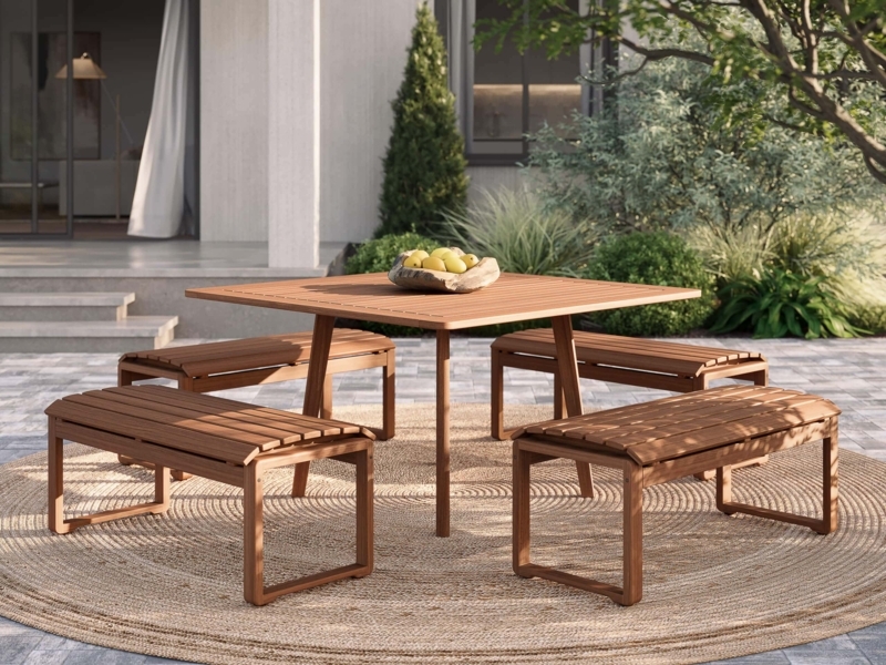 Dining Table Slatted Ipe Wood Minimalist Style Low Profile Set