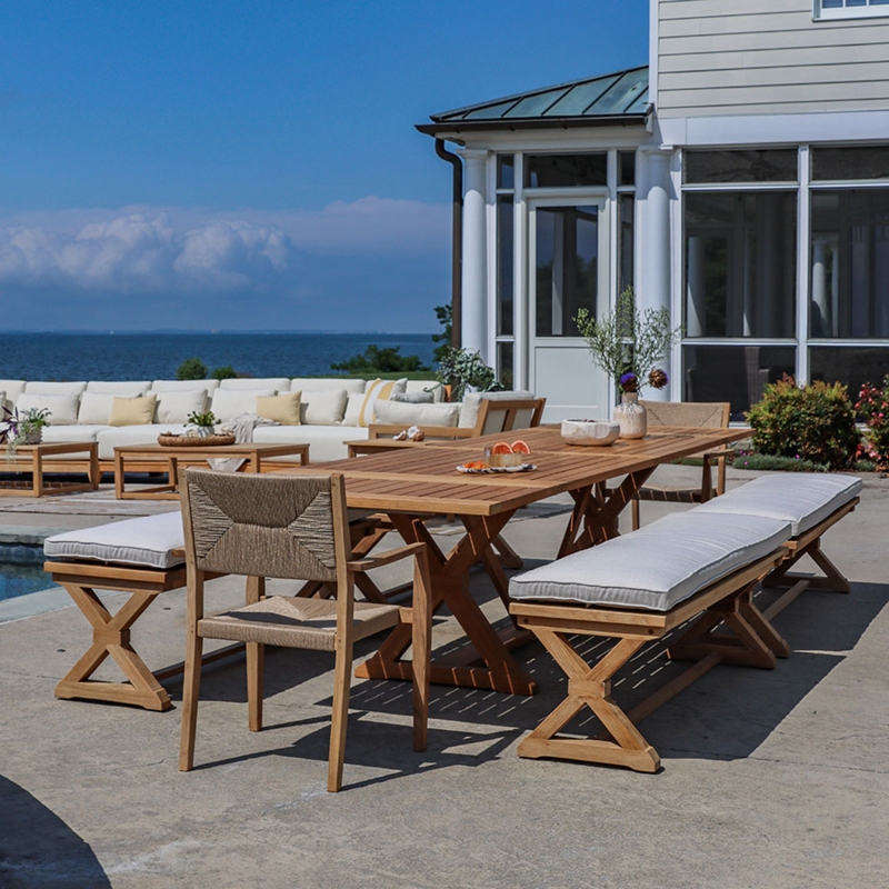 Dining Table Slatted Top Block Legs Woven Chairs Garden Backyard