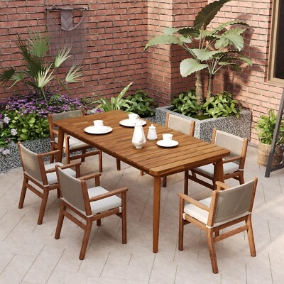 Dining Table Slatted Top X-Frame Trestle Base Teak Finish Patio