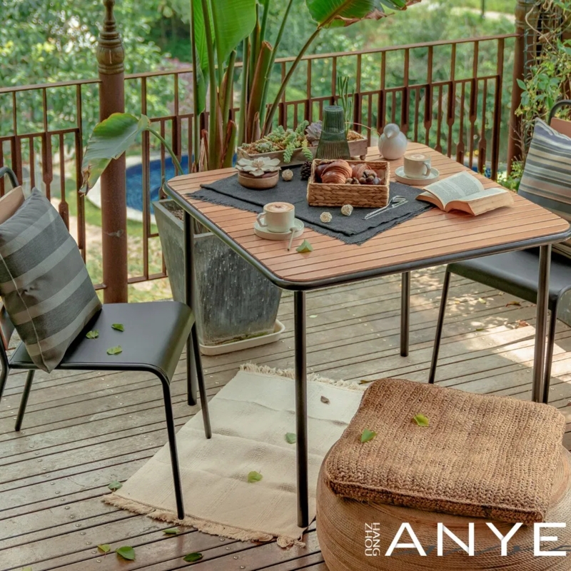 Dining Table Square Charcoal Metal Frame Natural Wood Toned Slat Top