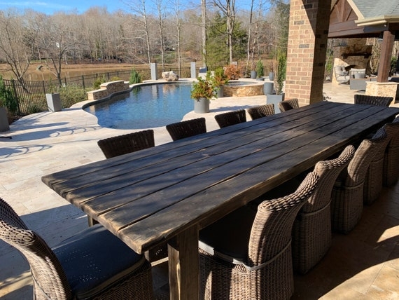 Dining Table Thick Plank Top Dark Wood Chunky Legs Primitive