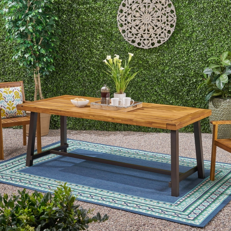 Dining Table Trestle Base Slatted Wood Industrial Style