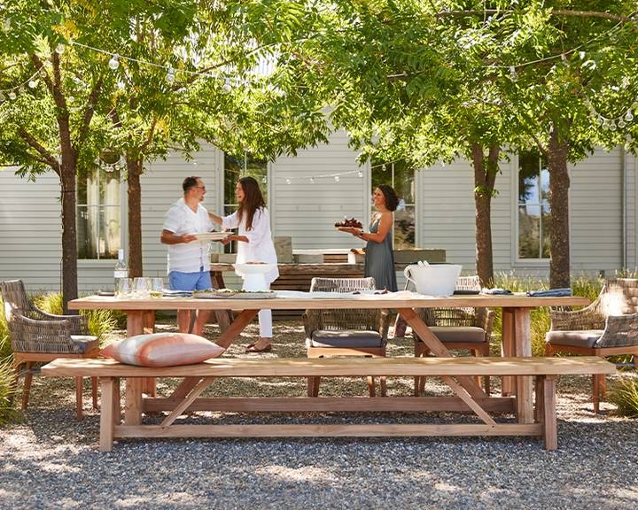 Dining Table Trestle Base Thick Wood Beam Rustic Modern Patio