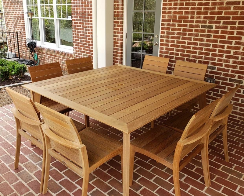 Dining Table Warm Honey Wood Slatted Top Block Corner Legs Minimalist