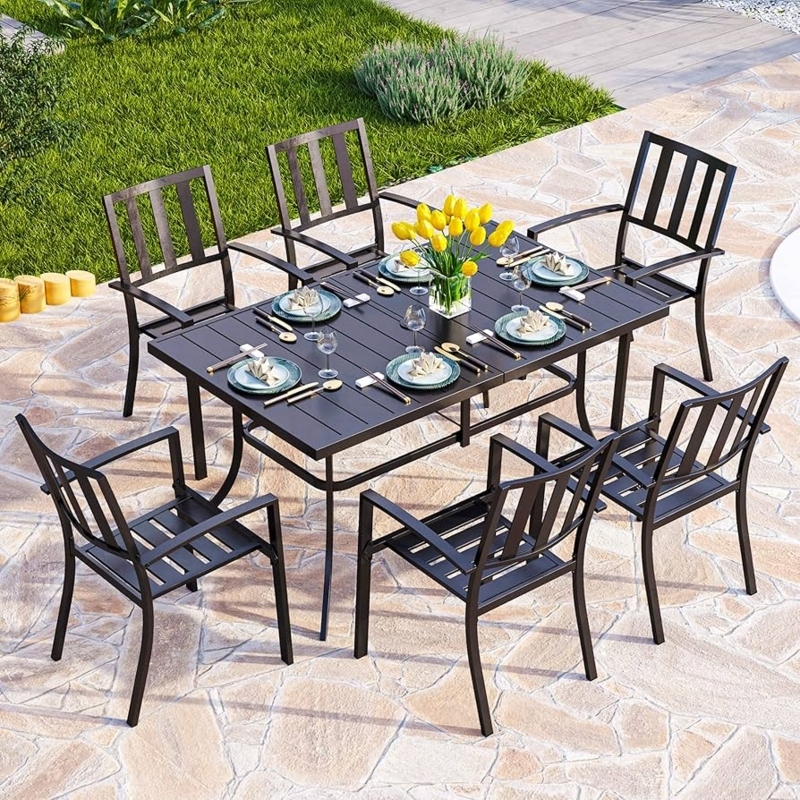 Dining Table Weather Resistant Metal Slat Top Curved Feet