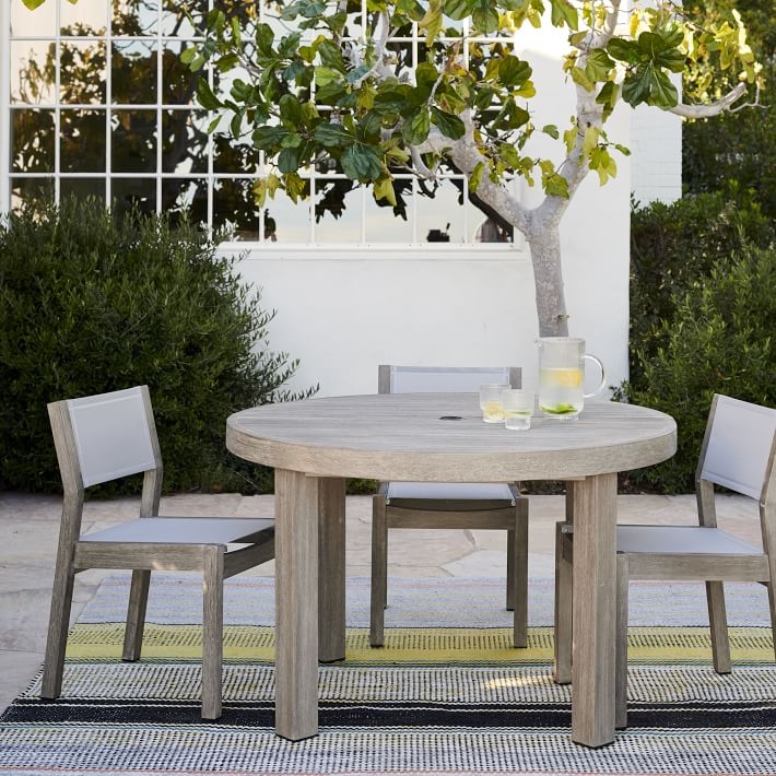 Dining Table Weathered Gray Finish Round Slatted Top Central Base