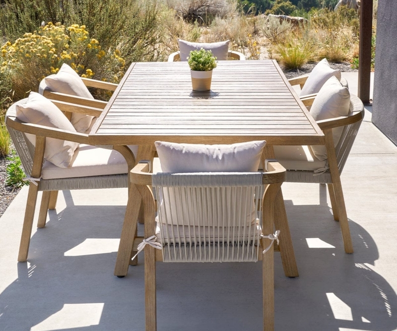 Dining Table Weathered Wood Slatted Surface Woven Rope Detail