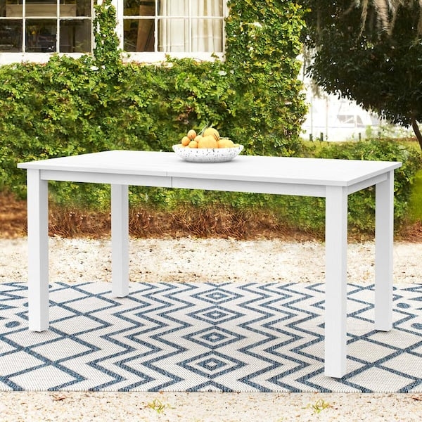 Dining Table White Trestle Base Slatted Top Modern Outdoor Dining