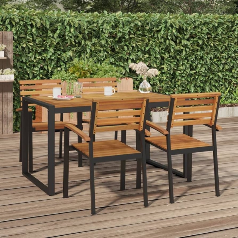 Dining Table with U-Shaped Legs, Wood Plank Surface.