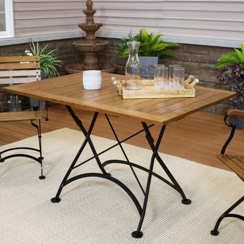 Dining Table Wood Slatted Top Black Metal Frame Folding Legs Industrial Patio