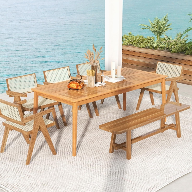 Dining Table Wood Toned Slatted Top with Umbrella Hole