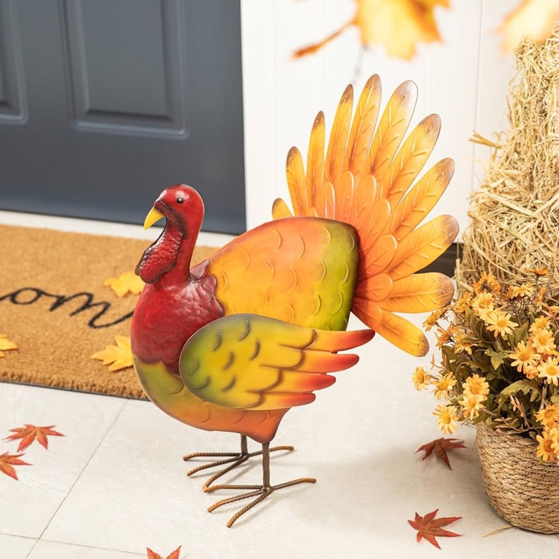 Distressed Metal Turkey Statue with Layered Feathers for Porch Decor