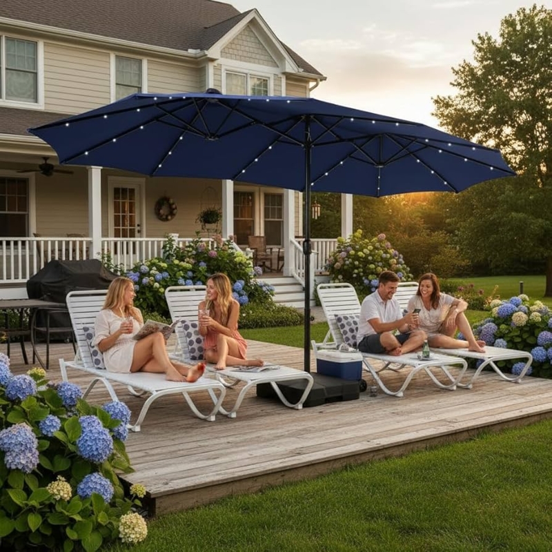 Double Sided Patio Umbrella, 15ft Wide with LED Lights