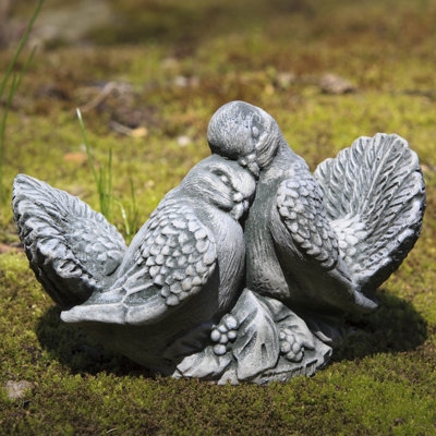 Dove Pair Statue in Weathered Stone Finish with Carved Details