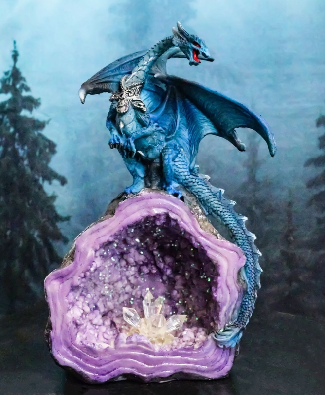 Dragon Figurine Holding Heraldic Shield Vibrant Blue Silver Fantasy